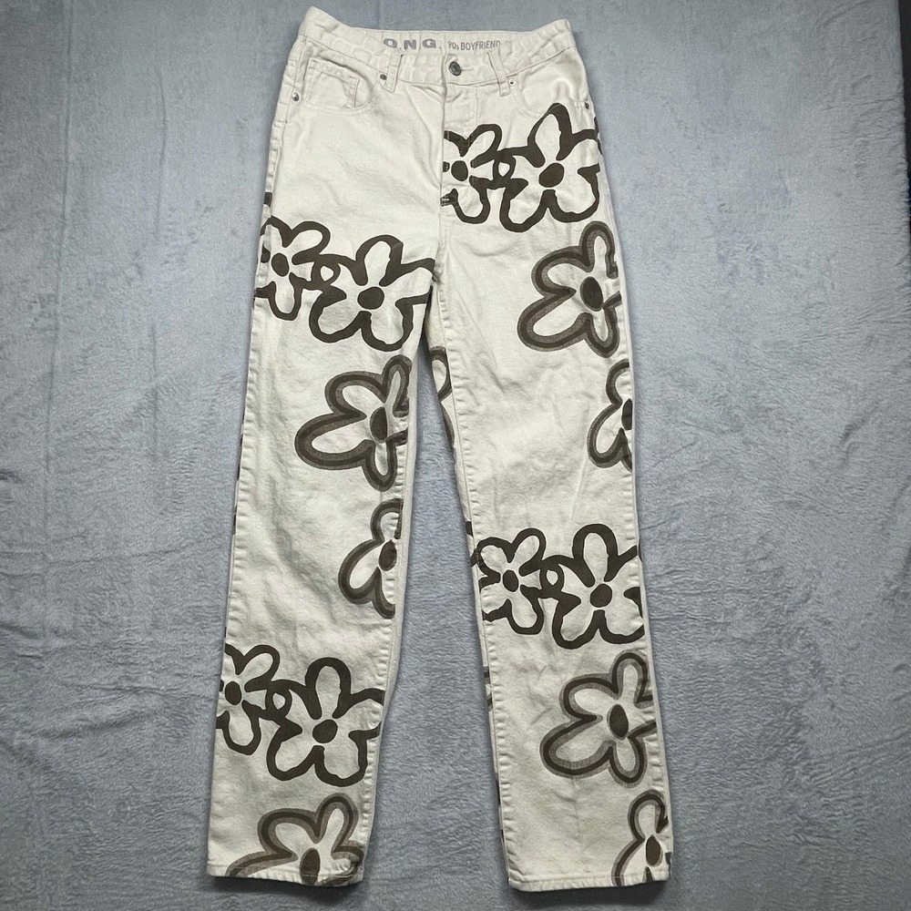 S.O.N.G. 90s Boyfriend Jeans Women 7/28 Cream Brown Floral Print High Rise Denim